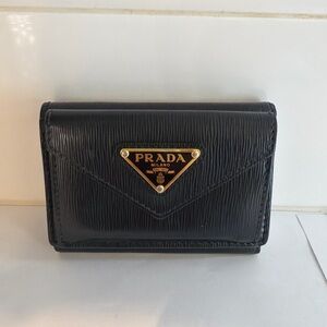 Prada Milano Black Textured Leather Envelope Tri-Fold Wallet Made in Italy